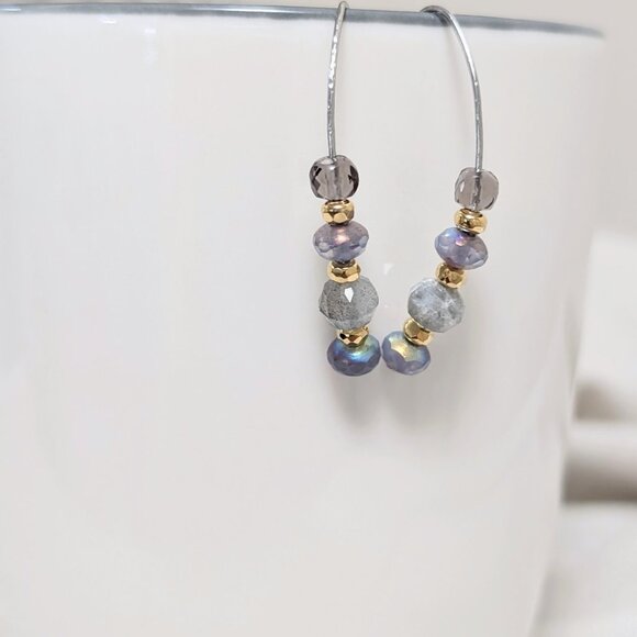 Hammered Steel Labradorite and Smoky Quartz with Gold and Purple Hook Earrings - Picture 3 of 4